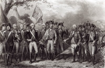 Les Britanniques rendant leurs armes au général Washington, 19 octobre 1781, gravé par J. Stephenson - American School